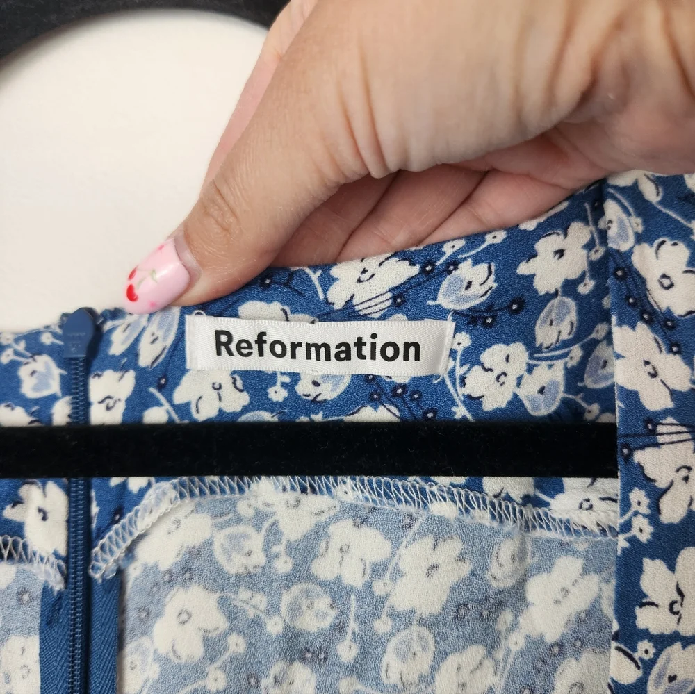 Reformation Blue Floral Puff Sleeve Midi Dress​ Size 10 - Picture 3 of 5